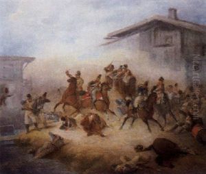 Osterreichische Kavallerie Im Gefecht Gegen Bayerische Infanterie In Einem Dorf by Friedrich L' Allemand