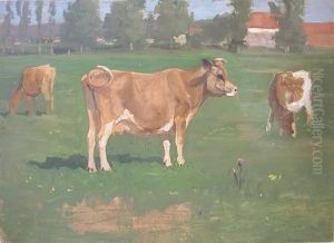 Cows In A Meadow, Buildings And Trees In The Background by Thomas Allen Jr.
