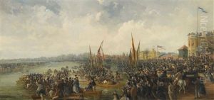 The Finishing Line Of The Oxford And Cambridge Boat Race At Mortlake by James Baylis Allen