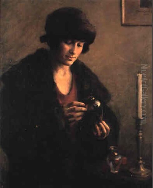 Young Woman Looking At A Glass Vase - view 1