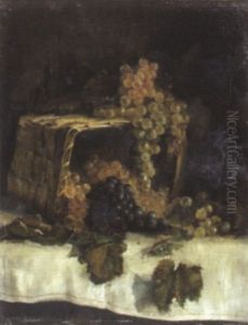 Umgekippter Korb Mit Weissen Und Blauen Trauben by August Herrmann Allgau
