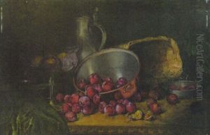 Stilleben Mit Pflaumen In Einer Kupferschussel Neben Einer Glasschale Mit Fruchten, Zinnkrug Und Korb by August Herrmann Allgau