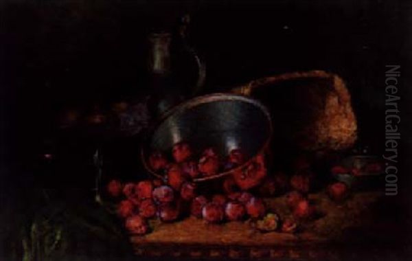 Plums, Apples, A Basket, A Copper Saucepan, And A Pewter Teapot On A Table - view 1