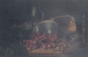 Plums In A Copper Saucepan, A Basket, A Pewter Jug, And A Glass Of Figs On A Table by August Herrmann Allgau