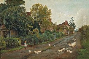 A Sow And Her Piglets Outside A Row Of Cottages With A Small Child Looking On
