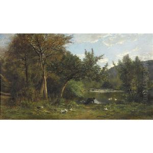Wascherin Und Enten Am Sommerlichen Ufer