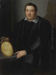 Portrait Of A Gentleman, Three-quarter Length, Dressed In A Black Silk Doublet And Cloak With A Blackwork Collar And Seated At A Desk, Holding An Oval Frame