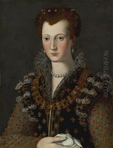 Portrait Of Virginia De' Medici (1568-1615), Half Length, In An Elaborately Embroidered Gown, Gold Trimmed Partlet And Jeweled Collare