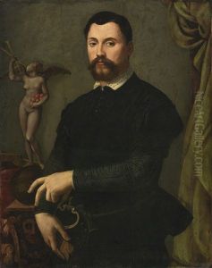 Portrait Of Tommaso De'bardi, Half Length, In A Black Doublet And Hose With A Statue Of Fame by Alessandro di Cristofano Allori