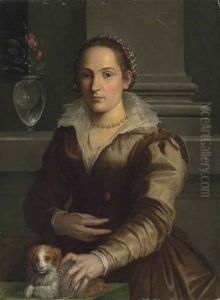 Portrait Of A Lady, Half-length, In A Rust Dress And An Elaborate Headdress, A Rose In Her Right Hand, With A Dog, Beside A Vase With Roses... by Alessandro di Cristofano Allori