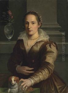 Portrait Of A Lady, Half-length, In A Rust Dress And An Elaborate Headdress, A Rose In Her Right Hand, With A Dog, Beside A Vase With Roses And Snowdrops, In An Interior by Alessandro di Cristofano Allori