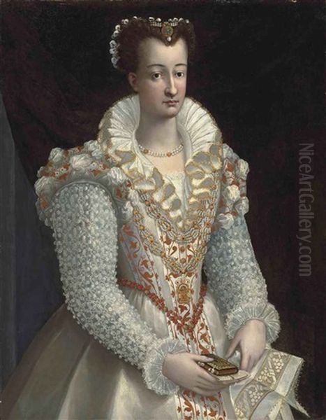 Portrait Of A Lady, In An Embroidered White Dress, A Jewelled Pendant With The Annunciation, Holding A Book In Her Right Hand And An Embroidered Handkerchief In Her Left Hand, Before A Draped Curtain by Alessandro di Cristofano Allori