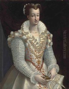 Portrait Of A Lady, In An Embroidered White Dress, A Jewelled Pendant With The Annunciation, Holding A Book In Her Right Hand And An Embroidered Handkerchief In Her Left Hand, Before A Draped Curtain