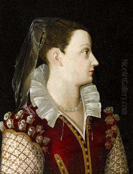 Portrait Of A Lady In A Crimson Dress With A White Lace Collar - view 1