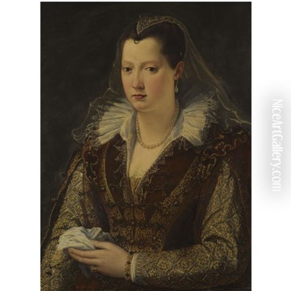 Portrait Of A Lady Wearing A Richly Embroidered Red Dress And A Pearl Headdress (eleonora De Medici?) - view 1