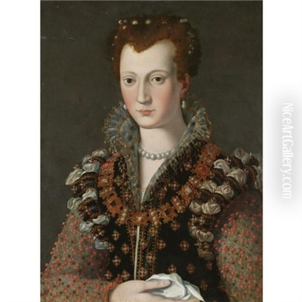 Portrait Of Camilla Martelli (1545-1590), Half Length, Wearing An Elaborately Embroidered Costume With Gold-trimmed Lace Collar, A Jewelled Gold Chain And A Pearl Necklace - view 1