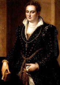 Ritratto Di Nobildonna In Abito Nero Con Decori In Oro, Collana Di Perle Con Pendente E Cintura Con Pietre Preziose by Alessandro di Cristofano Allori