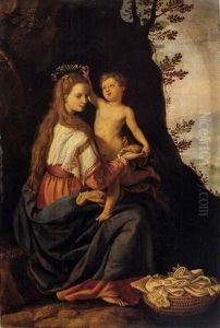 The Madonna Being Crowned With A Garland Of Flowers By The Christ Child by Alessandro di Cristofano Allori