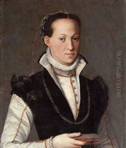 Portrait Of A Lady In A High Necked Gown With A Ruff And Gold Brocade Trim, A Book In Her Right Hand by Alessandro di Cristofano Allori