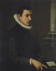 Portrait Of A Gentleman, Wearing A Black Embroidered Jacket And A White Ruff Holding A Pair Of Gloves