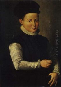 Ritratto Di Bambino Con Abito Nero, Cappello Nero E Camicia Bianca by Alessandro di Cristofano Allori