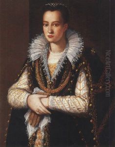 Portrait Of A Noblewoman In A Gold-embroidered White Dress And Embroidered Black Robe