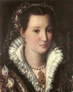 Portrait Of A Lady Wearing A Silk Dress, Embroidered Headress, And Pearl Jewelry