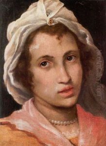 Portrait Of A Lady Wearing A Pink And Orange Dress, A Pearl Necklace And A White Cap