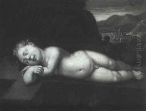 The Infant Christ Asleep On The Cross, Jerusalem Beyond by Cristofano Allori