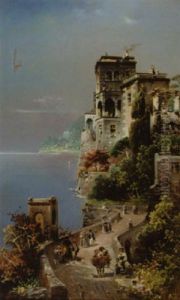 Promeneurs Pres D'une Villa Italienne En Bord De Mer by Robert Allot