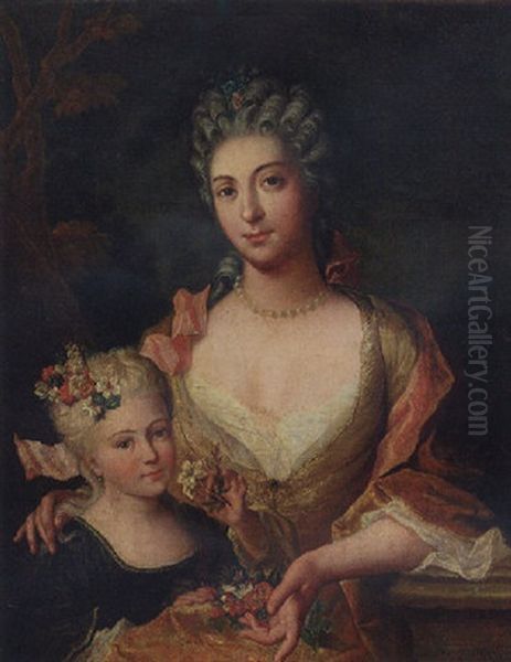 Portrait Of A Lady In A Yellow Dress With Flowers In Her Lap, With Her Daughter - view 1