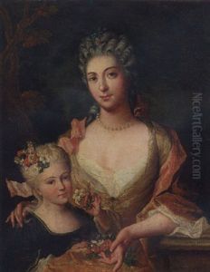 Portrait Of A Lady In A Yellow Dress With Flowers In Her Lap, With Her Daughter by Gilles Allou
