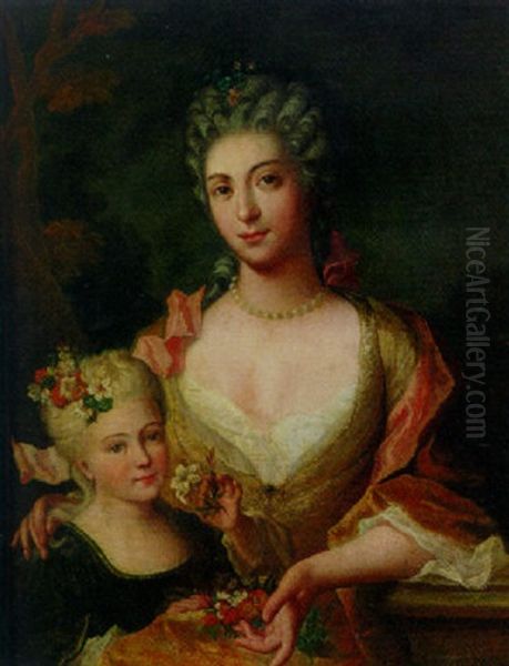 Portrait Of A Lady In A Yellow Dress With Flowers In Her Lap With Her Daughter - view 1
