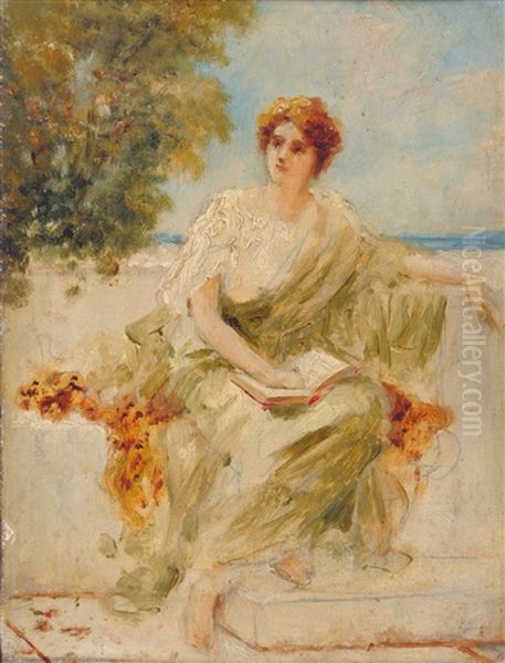 Study Of A Girl Dressed In Greek/roman Costume, Seated On A Balcony - view 1