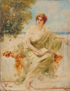 Study Of A Girl Dressed In Greek/roman Costume, Seated On A Balcony by Sir Lawrence Alma-Tadema