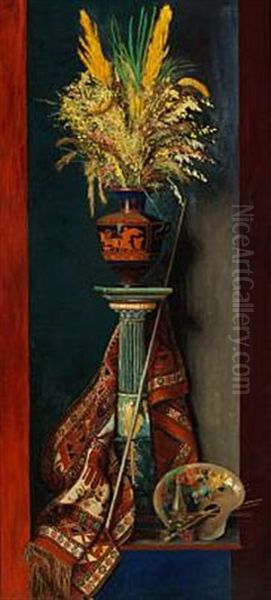 Still Life With Blades Of Grass In A Large Greek Vase On A Pillar, On The Floor The Painter's Palette - view 1