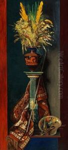 Still Life With Blades Of Grass In A Large Greek Vase On A Pillar, On The Floor The Painter's Palette thumbnail