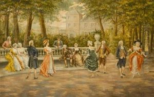 Couples On Veranda Of Chateau by Mariano Alonso Perez