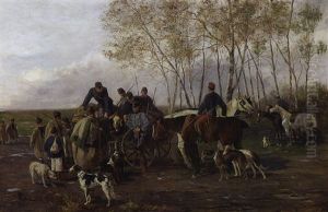 Osterreichische Soldaten Auf Einem Jagdausflug, Mit Einem Pferdewagen Und Windhunden, Im Gesprach Mit Ungarn by Mariano Alonso Perez