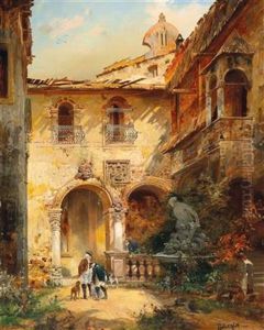 Elegant Gentlemen In A Castle Courtyard by Robert Alott
