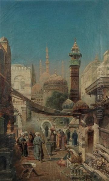 Animation Aux Abords Des Mosquees Livelyness Near The Mosques Huile Sur Toile - view 1