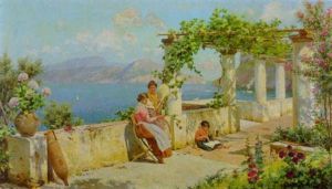 Frauen Und Kind Auf Sonninger Terrasse Uber Der Meereskuste (capri?) by Robert Alott