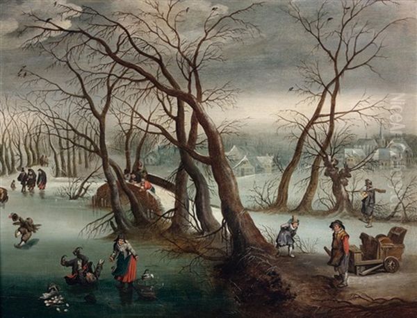 Paysage D"hiver Avec Des Patineurs Et Chasseurs Panneau De Chene - view 1