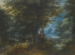 Summer Landscape With A Lady And Gentleman Seated And Sportsmen Returning With Game by Denis van Alsloot