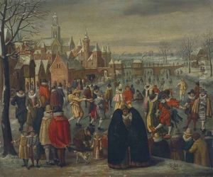 A Winter Landscape With Skaters On A Frozen River by Denis van Alsloot