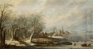 Weite Winterliche Flusslandschaft Mit Blick Auf Eine Hafenstadt