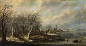 Weite Winterliche Flusslandschaft Mit Zahlreichen Boots- Und Staffagefiguren