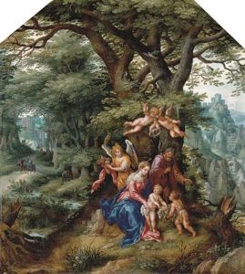 A Wooded Landscape With The Holy Family With The Infant Saint John The Baptist And Attendant Angels, The Flight Into Egypt Beyond (in Collab. W/hendrick De Clerck) by Denis van Alsloot
