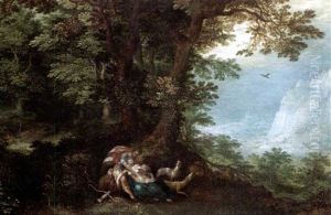 An Extensive Wooded Landscape With Cephalus And Procris by Denis van Alsloot