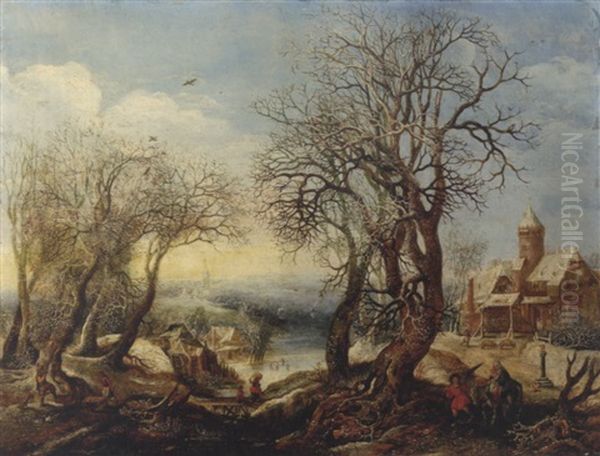 An Extensive Winter River Landscape With The Flight Into Egypt, A Sportsman And His Hound, A Wood Gatherer Trundling A Wheelbarrow And A Peasant Woman And Her Child Crossing A Bridge - view 1